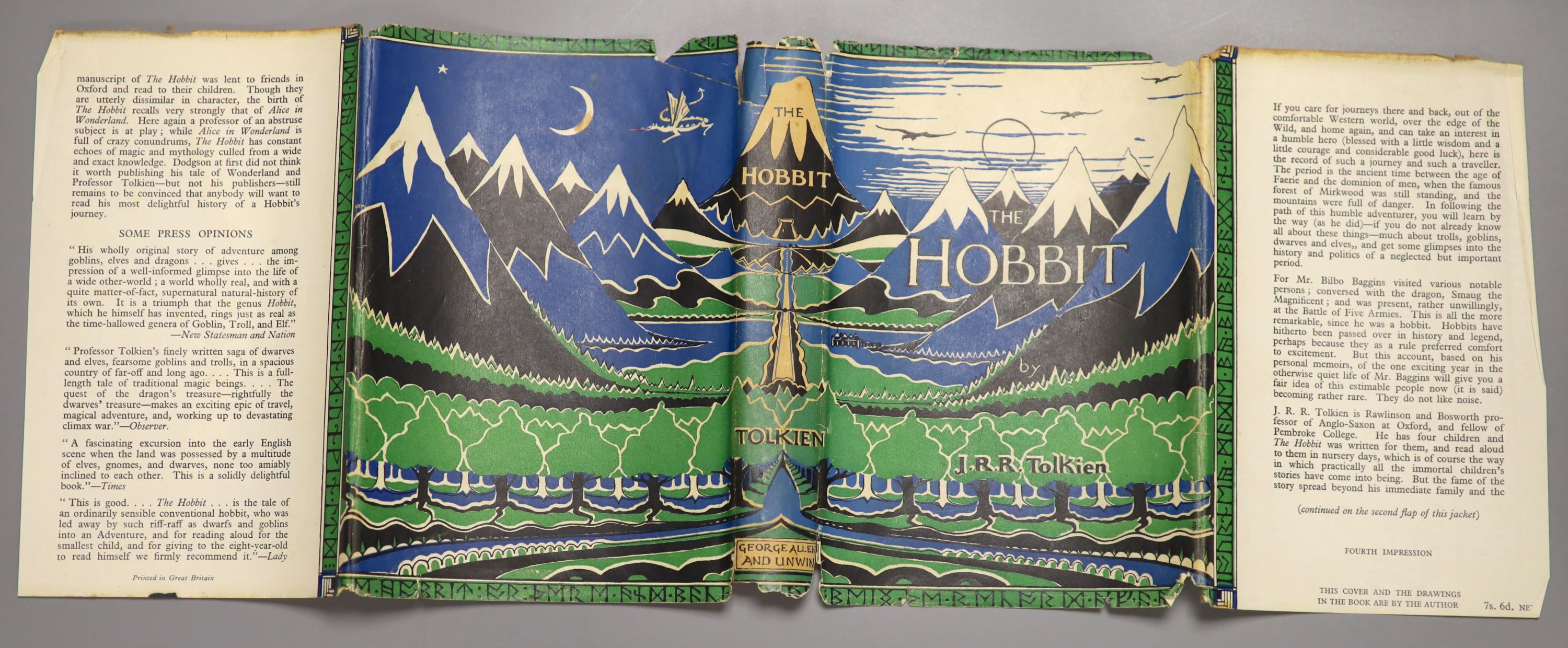 Tolkien, John, Ronald, Reuel - The Hobbit, 1st edition, 4th and last impression of the first edition, original cloth, in d/j with tears to head and foot of spine and a small amount of loss, Allen and Unwin, London, 1946;